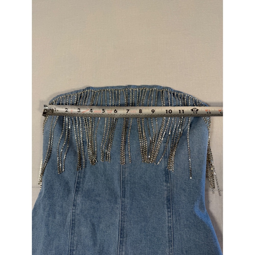 12th Tribe Rhinestone Fringe Denim Mini Dress Light Wash Strapless Blue Small - Picture 7 of 8